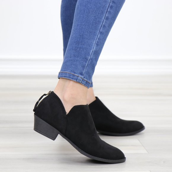 Black Vegan Suede Low Cut Ankle Booties - Picture 6 of 12